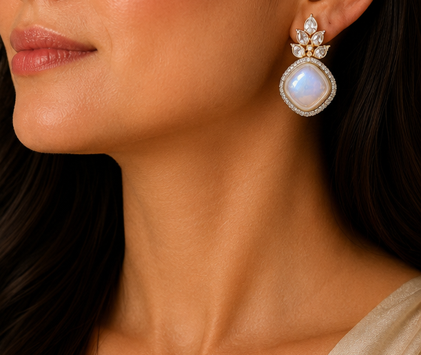 Vintage Ethereal Moonstone & AD Drop Earrings
