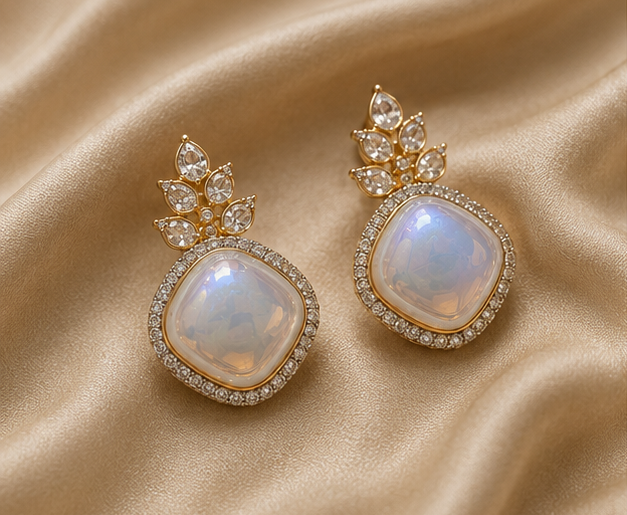 Vintage Ethereal Moonstone & AD Drop Earrings