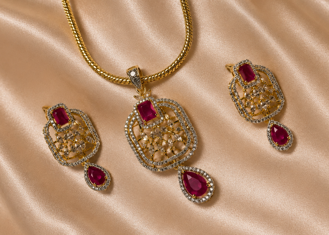 Majestic Cushion Faux Ruby & Crystal Halo Pendant Set