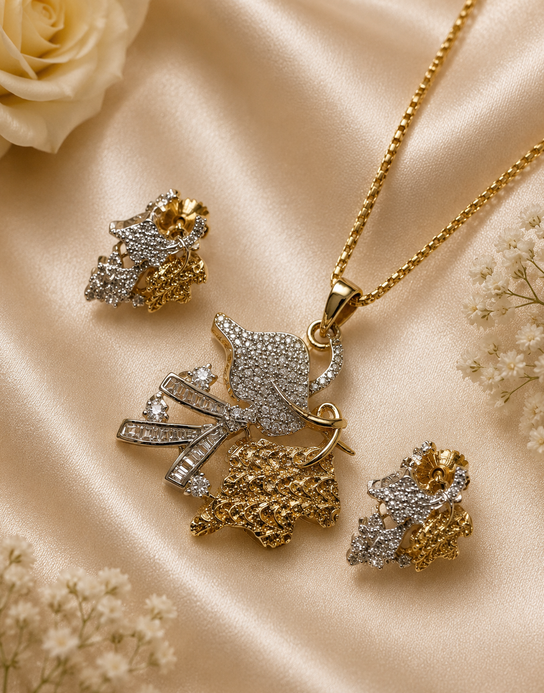 Two-Tone Floral Leaf Pendant Set