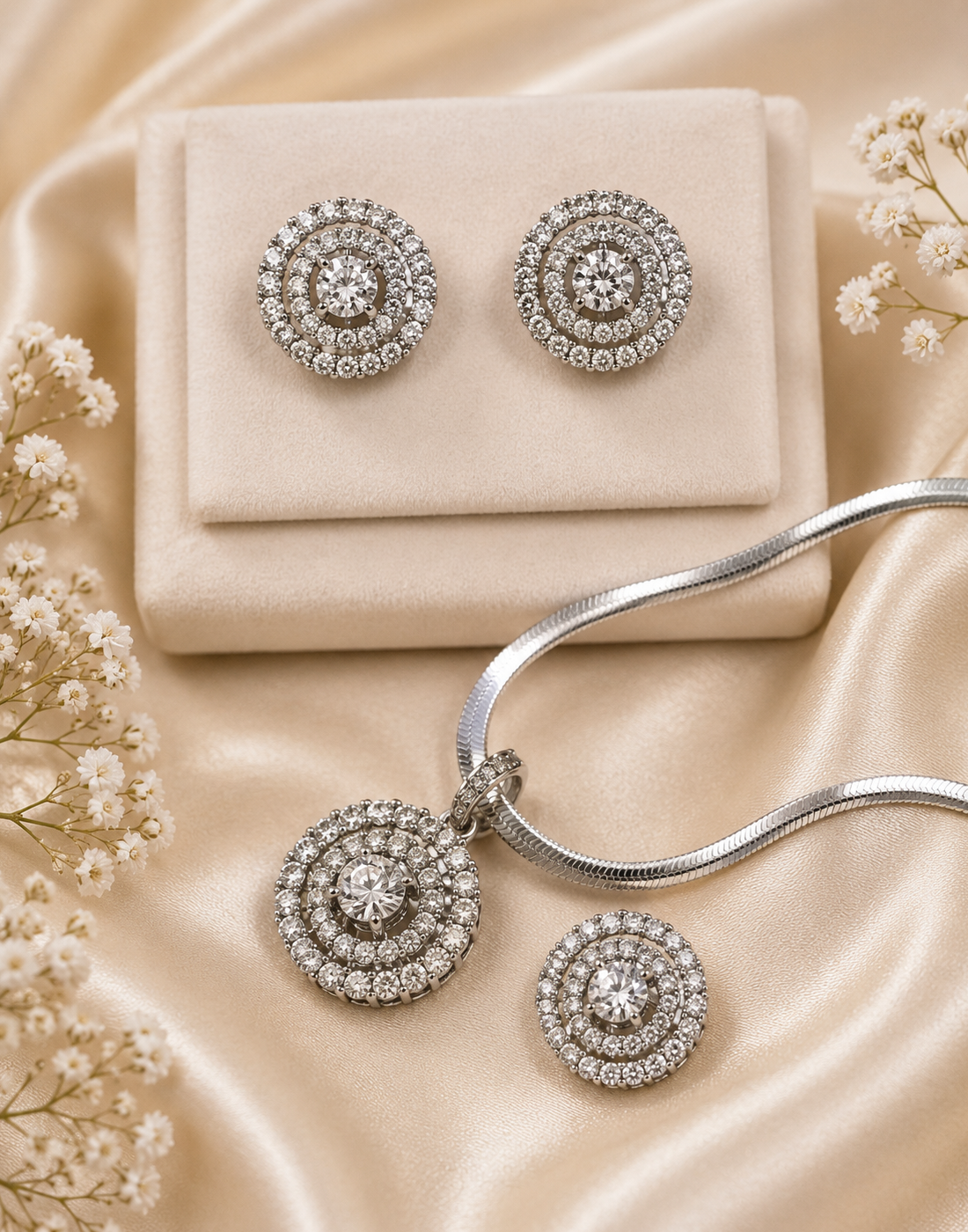 Triple Halo Silver Circlet Pendant Set