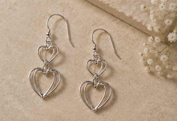 925 Sterling Silver Double Layered Heart Drop Earring