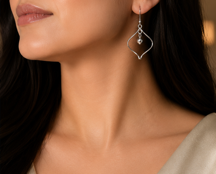 925 Sterling Silver Modernist Teardrop & Bead Dangle Earring