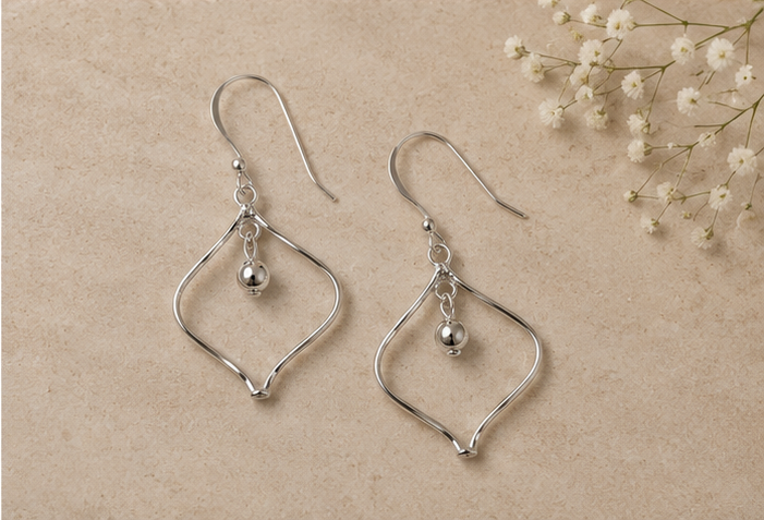 925 Sterling Silver Modernist Teardrop & Bead Dangle Earring
