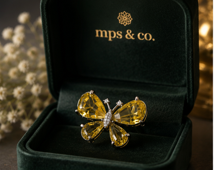 Premium Canary Yellow Crystal Butterfly Cocktail Ring