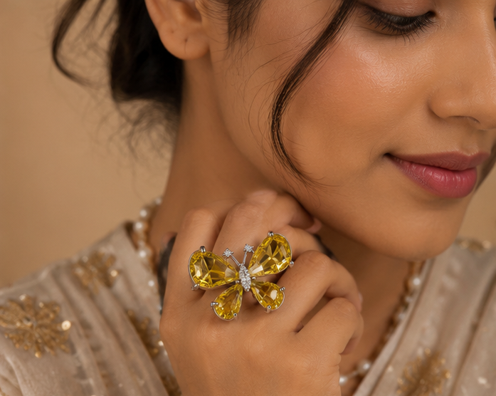 Premium Canary Yellow Crystal Butterfly Cocktail Ring