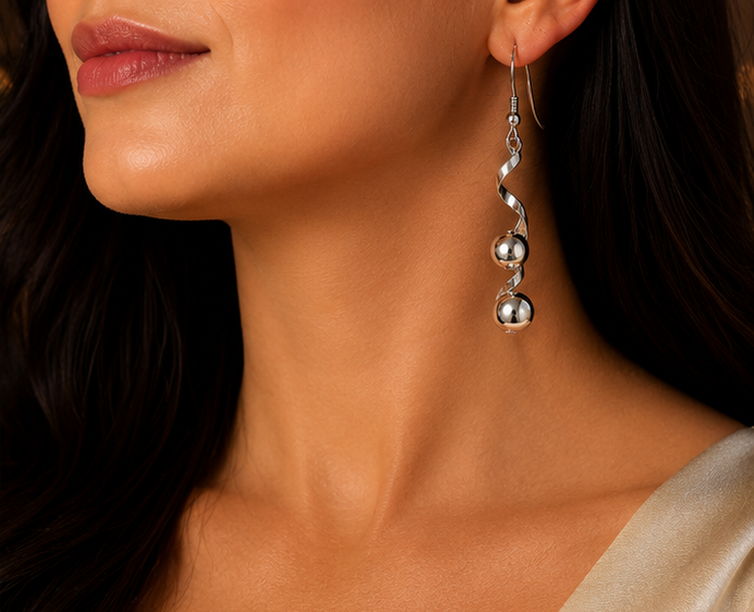 925 Sterling Silver Spiral Wave Triple Bead Drop Earring