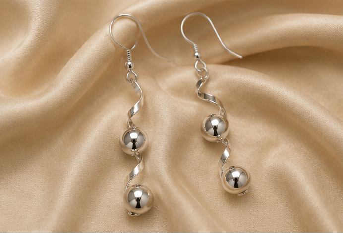 925 Sterling Silver Spiral Wave Triple Bead Drop Earring