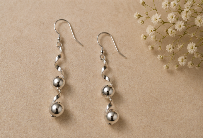 925 Sterling Silver Spiral Wave Triple Bead Drop Earring