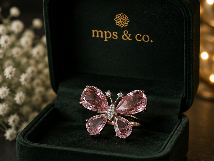 Premium Rose Quartz Pink Crystal Butterfly Ring