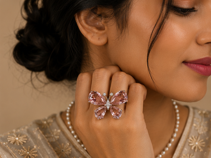 Premium Rose Quartz Pink Crystal Butterfly Ring