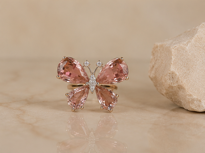 Premium Rose Quartz Pink Crystal Butterfly Ring