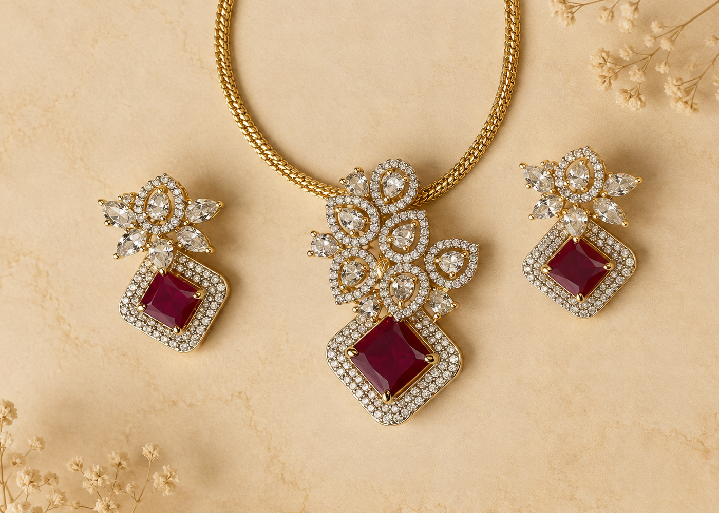 Floral Ruby Pendant Set