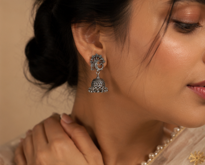 925 Sterling Silver Oxidized Peacock Jhumka Earring