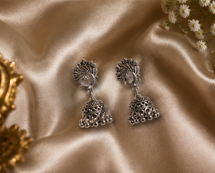 925 Sterling Silver Oxidized Peacock Jhumka Earring