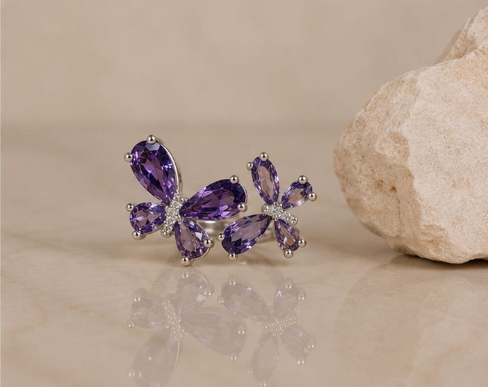 Luxury Royal Amethyst Twin Butterfly Statement Ring