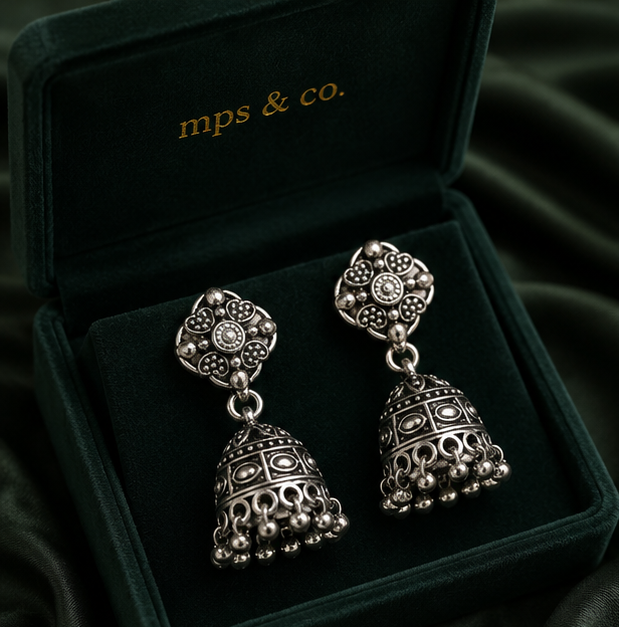 925 Sterling Silver Oxidized Style Floral Jhumka Earring