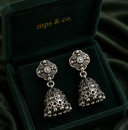925 Sterling Silver Oxidized Style Floral Jhumka Earring