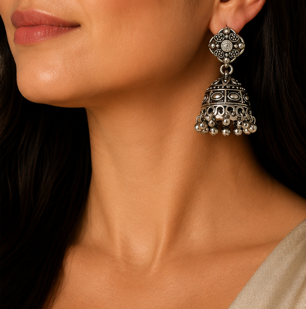 925 Sterling Silver Oxidized Style Floral Jhumka Earring
