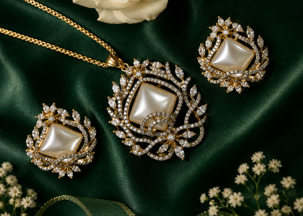 Empress Cushion-Cut Faux Pearl & Crystal Pendant Set