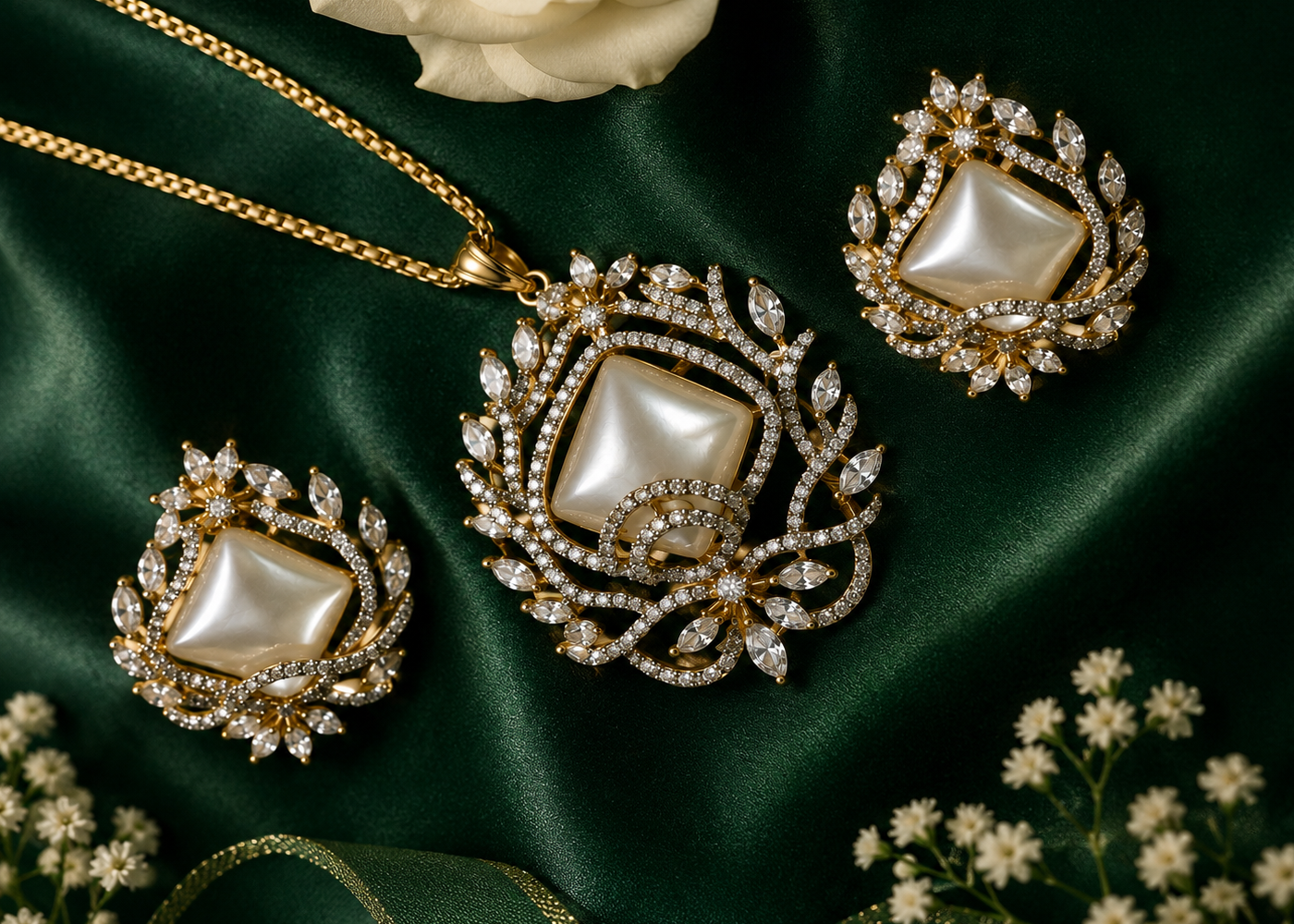 Empress Cushion-Cut Faux Pearl & Crystal Pendant Set