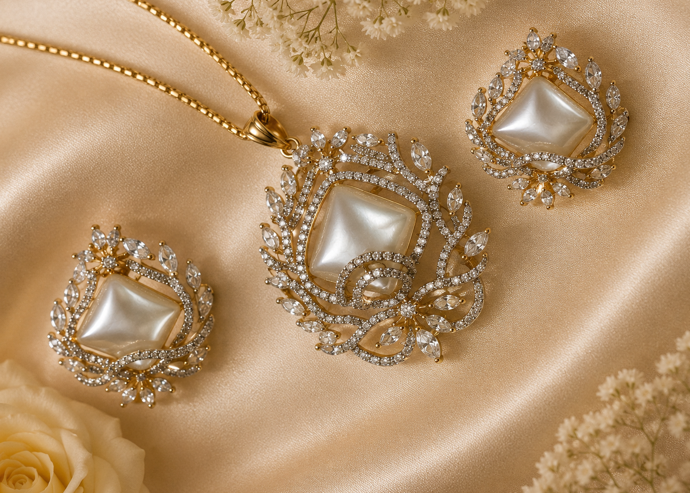 Empress Cushion-Cut Faux Pearl & Crystal Pendant Set