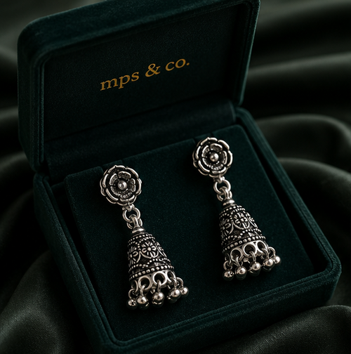 925 Sterling Silver Oxidized Rose Jhumka Drop Earring