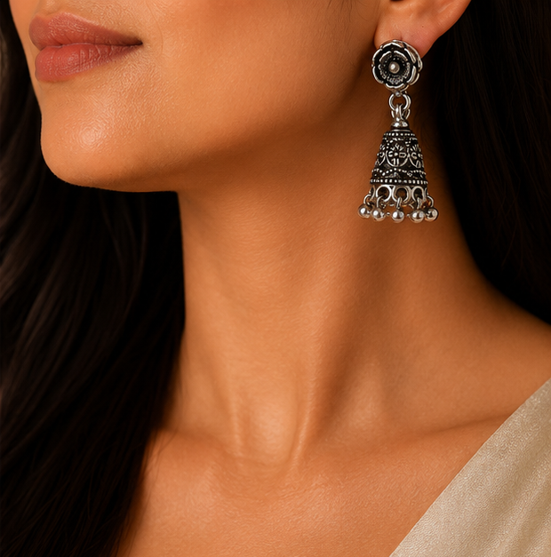 925 Sterling Silver Oxidized Rose Jhumka Drop Earring