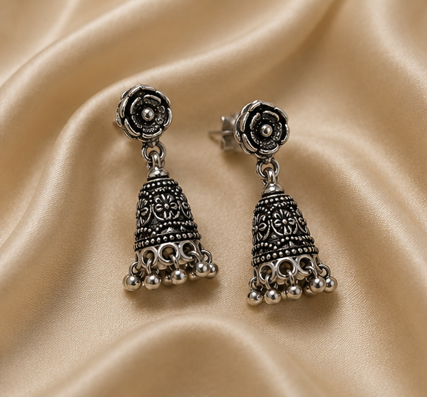 925 Sterling Silver Oxidized Rose Jhumka Drop Earring