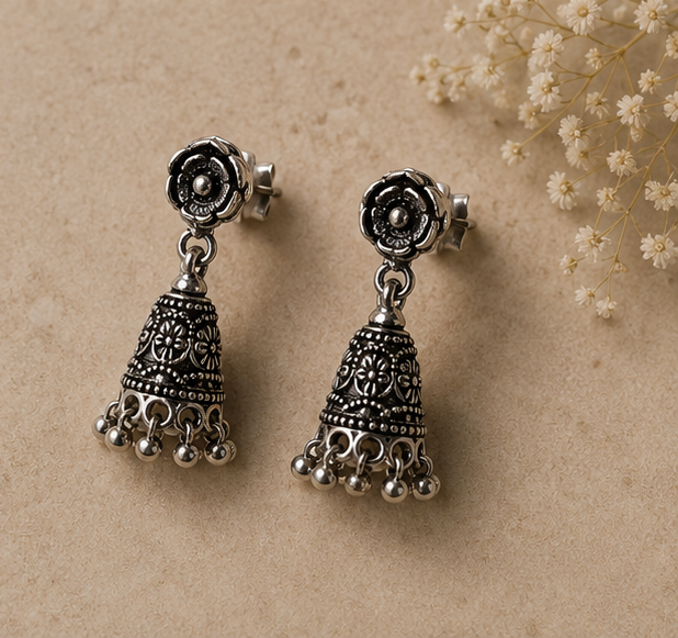 925 Sterling Silver Oxidized Rose Jhumka Drop Earring