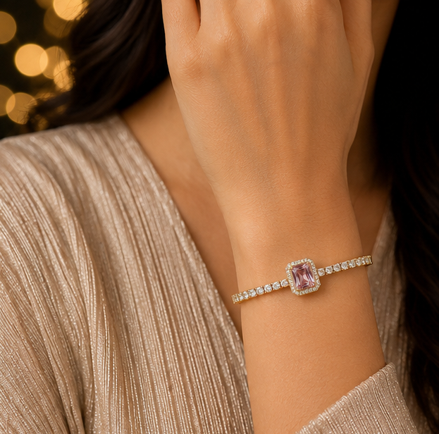 Emerald-Cut Blush Pink Halo Tennis Bracelet