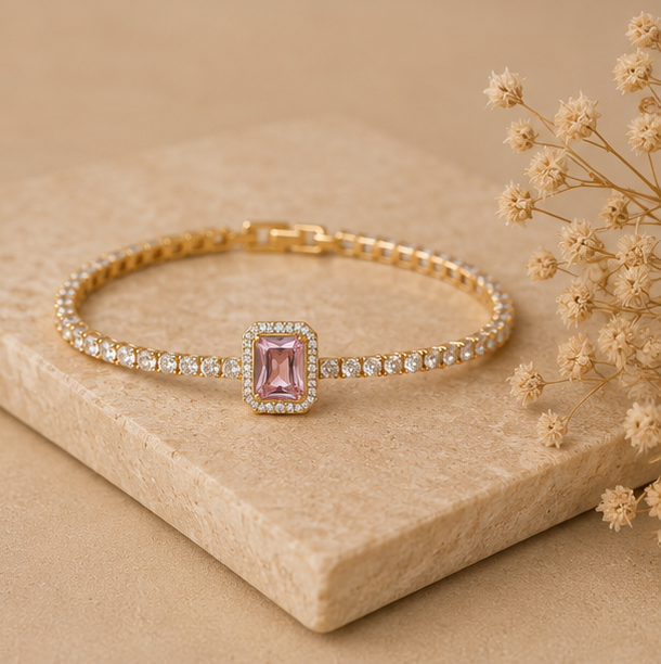 Emerald-Cut Blush Pink Halo Tennis Bracelet