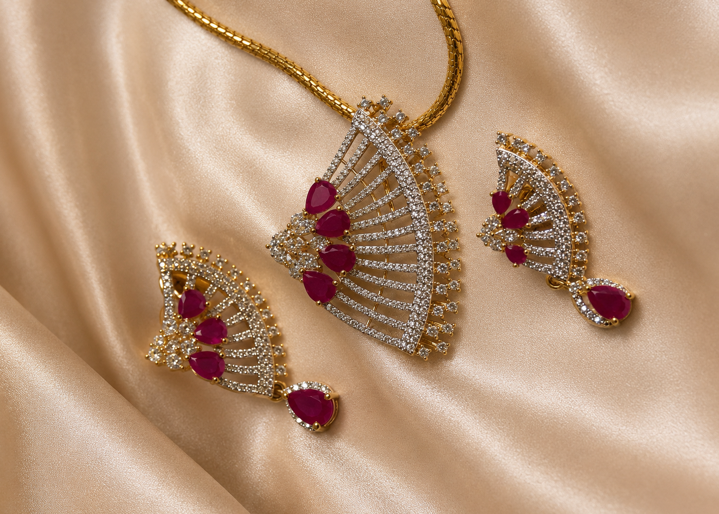 Celestial Art Deco Fan Ruby-Red Pendant Set