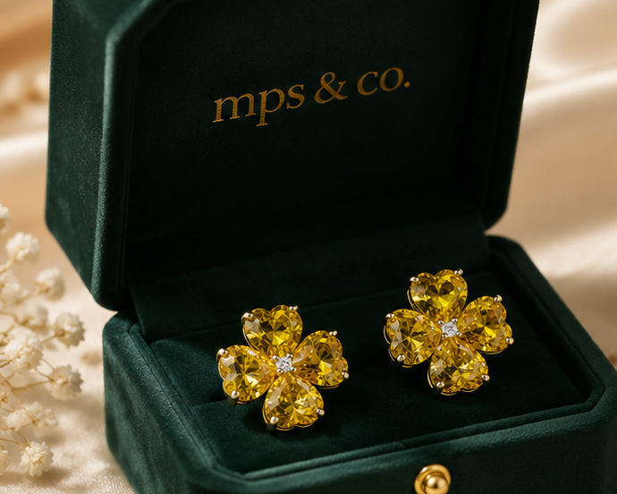 Yellow Citrine Crystal Four-Leaf Clover Stud Earrings
