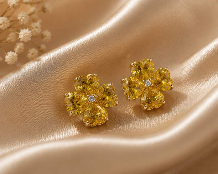 Yellow Citrine Crystal Four-Leaf Clover Stud Earrings