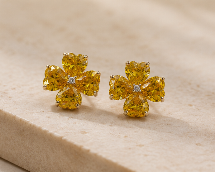 Yellow Citrine Crystal Four-Leaf Clover Stud Earrings