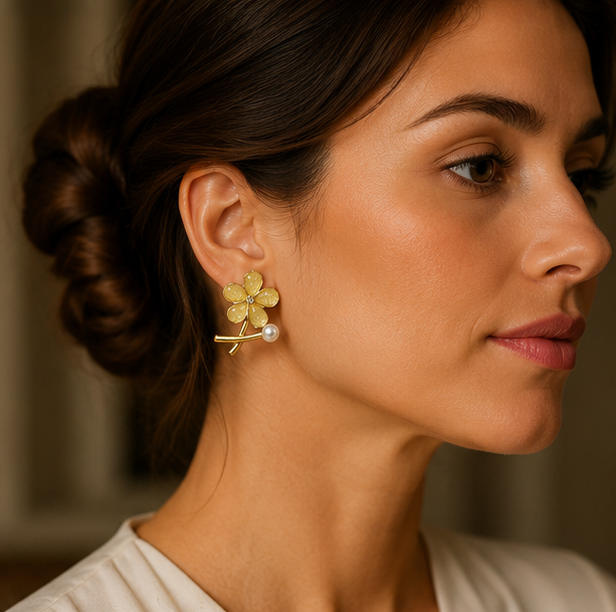 Blossom Yellow Floral Pearl Accented Stud Earrings | MPS & Co.