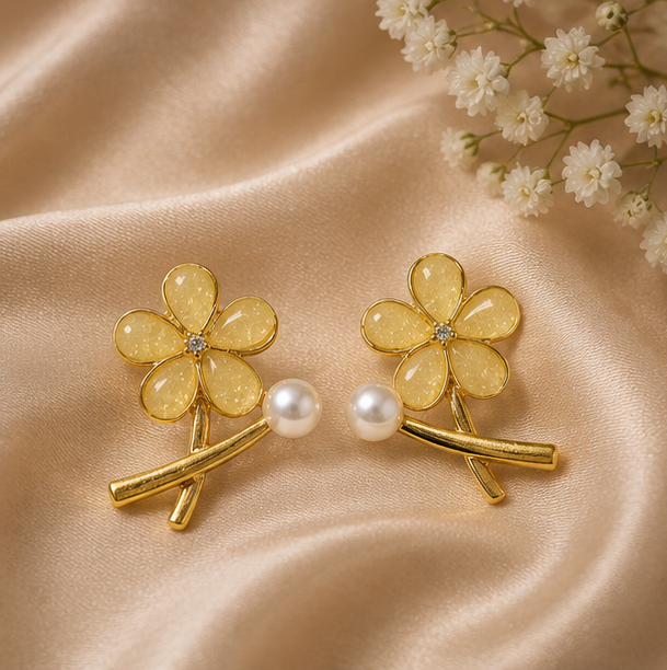 Blossom Yellow Floral Pearl Accented Stud Earrings | MPS & Co.