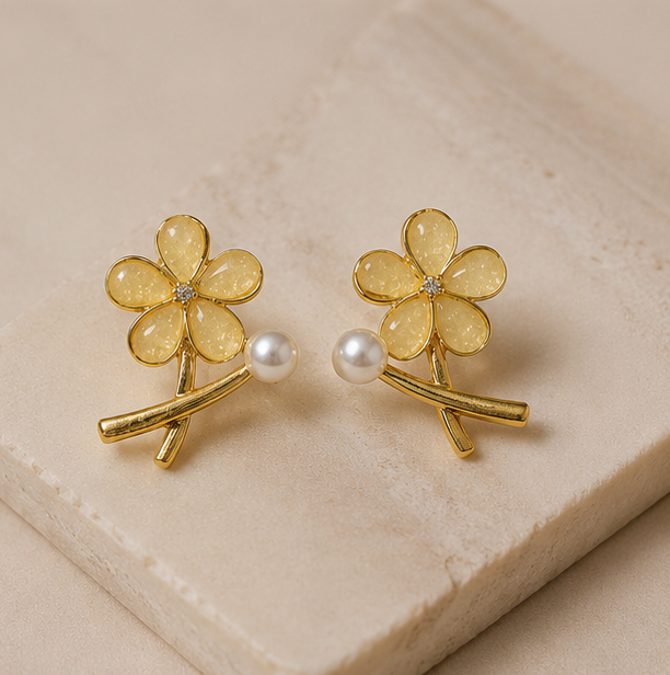 Blossom Yellow Floral Pearl Accented Stud Earrings | MPS & Co.