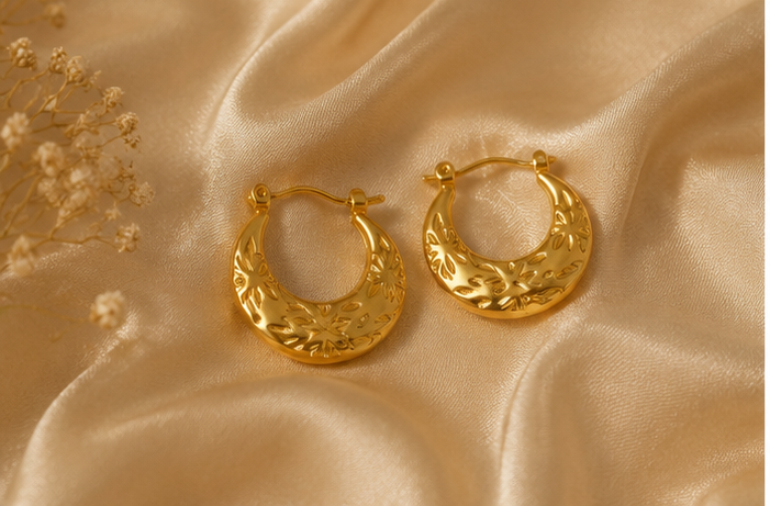 Artisanal Floral Etched Crescent Hoop Earrings | MPS & Co.