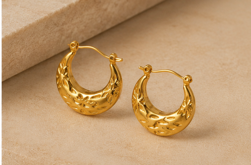 Artisanal Floral Etched Crescent Hoop Earrings | MPS & Co.
