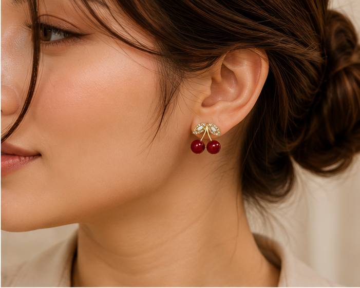 Pave Leaf Cherry Charm Stud Earrings | MPS & Co.