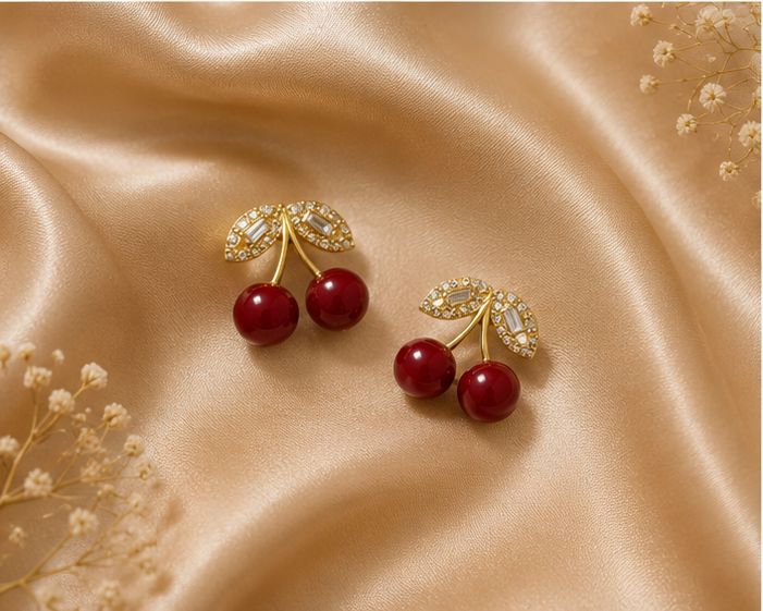 Pave Leaf Cherry Charm Stud Earrings | MPS & Co.