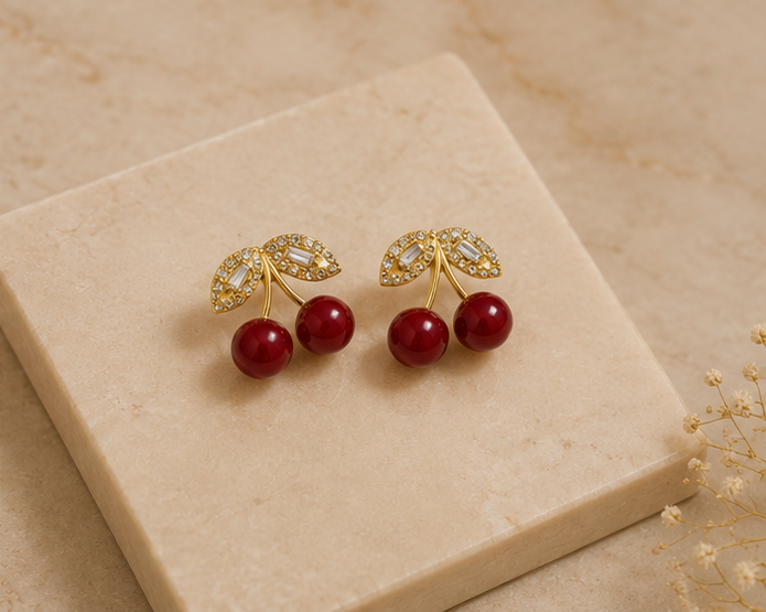 Pave Leaf Cherry Charm Stud Earrings | MPS & Co.