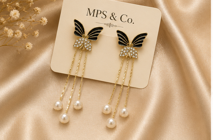 Enchanted Black Butterfly Pearl Tassel Earrings | MPS & Co.
