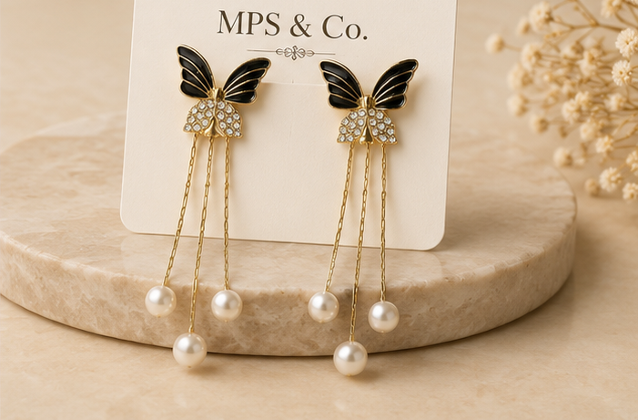 Enchanted Black Butterfly Pearl Tassel Earrings | MPS & Co.