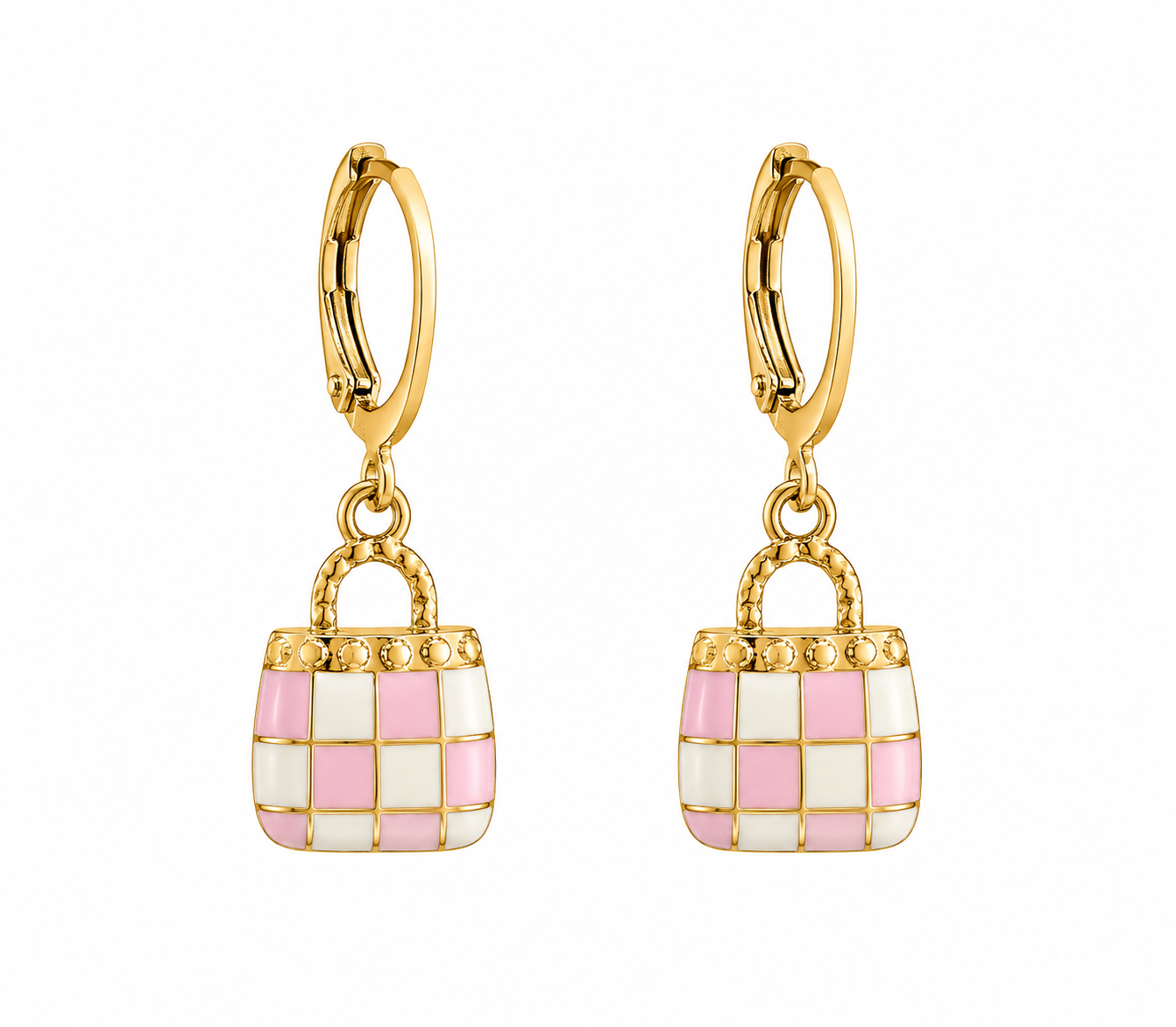 Pink Checkered Handbag Charm Dangler Earrings | MPS & Co.