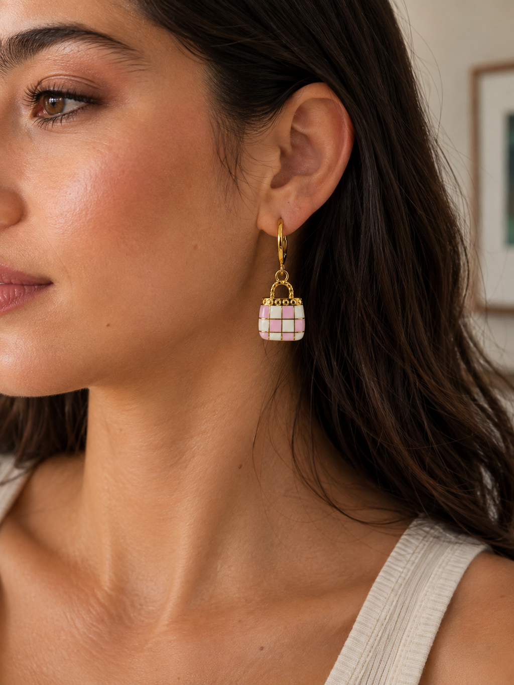 Pink Checkered Handbag Charm Dangler Earrings | MPS & Co.