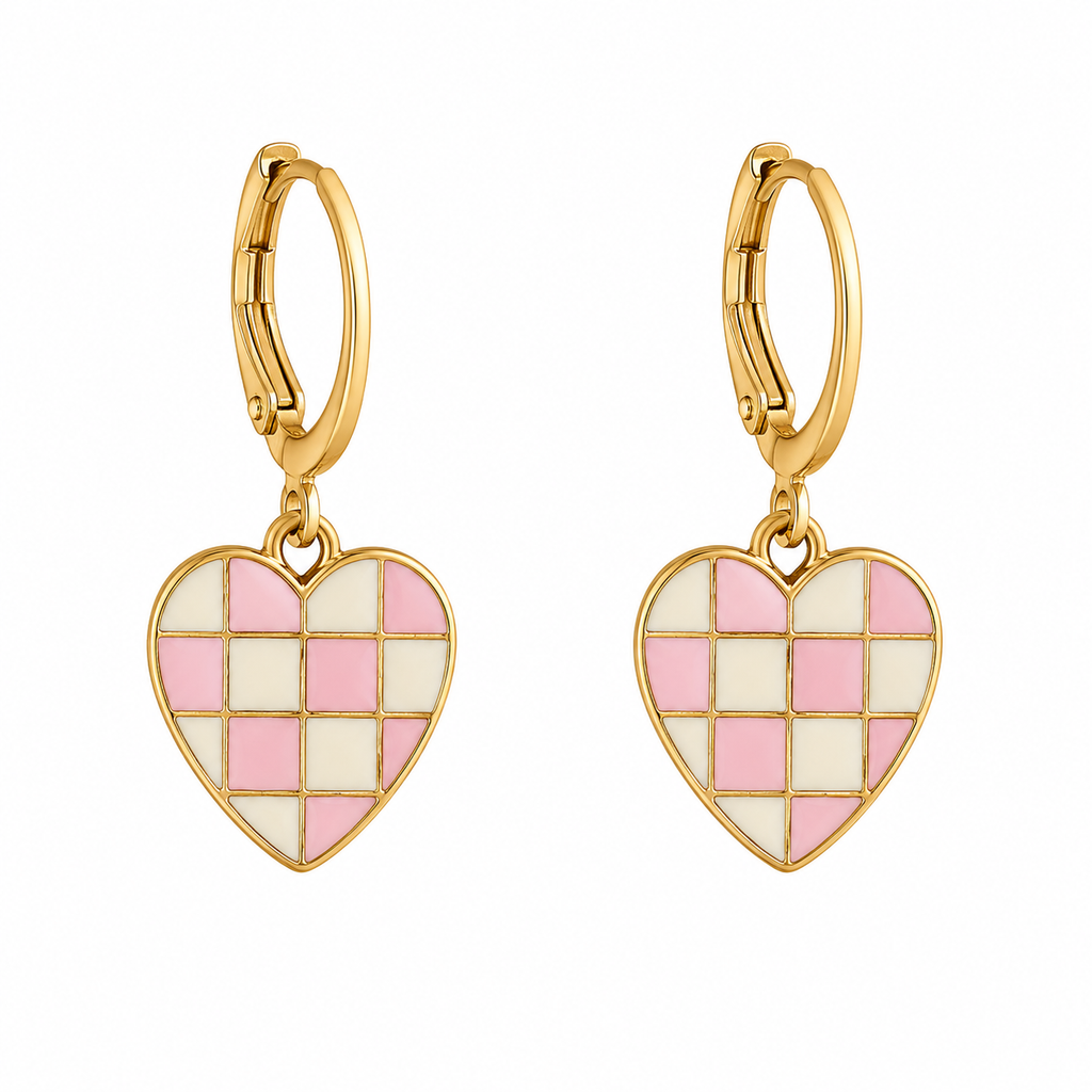 Pink Checkered Heart Dangler Earrings | MPS & Co.