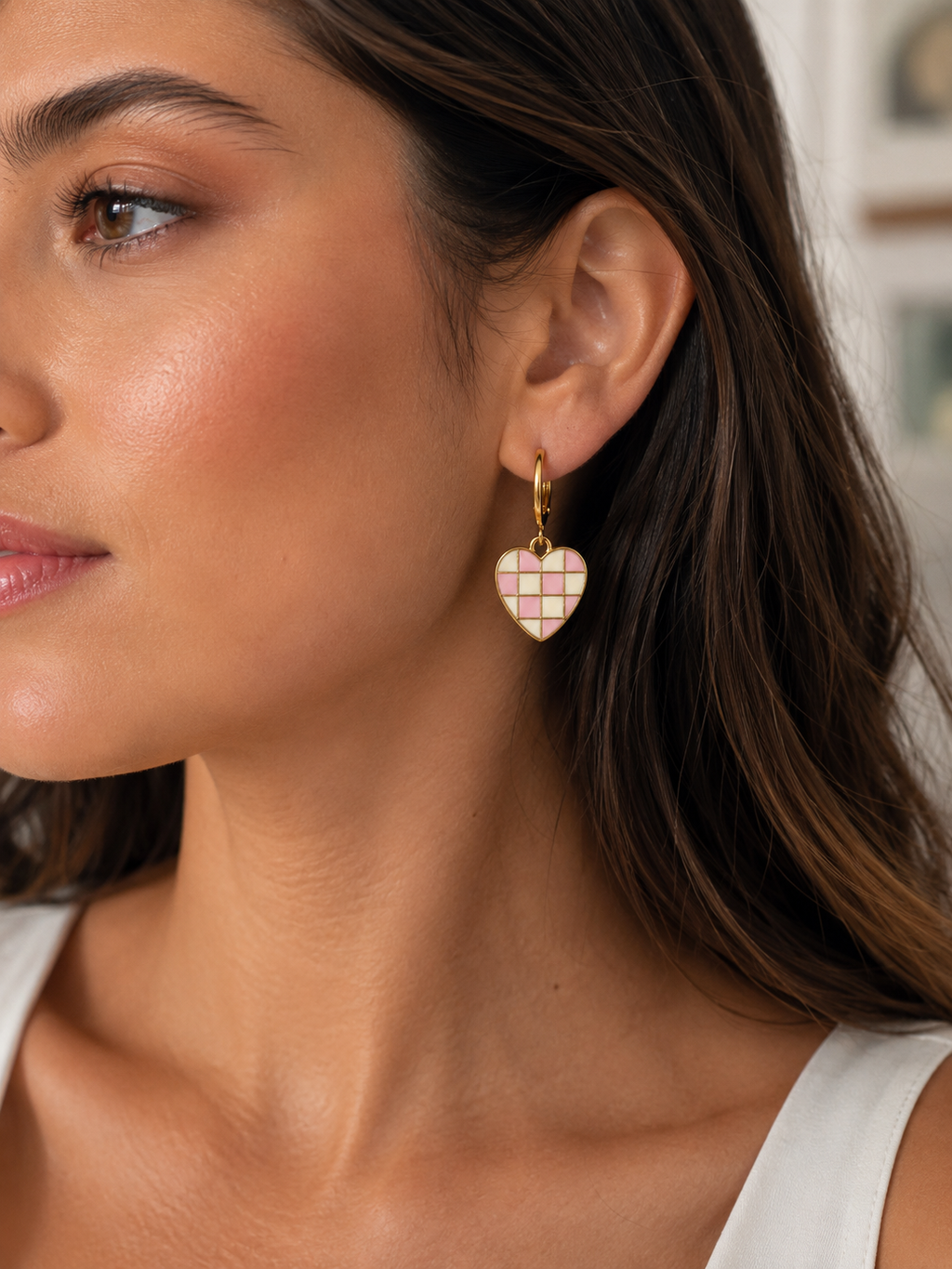 Pink Checkered Heart Dangler Earrings | MPS & Co.